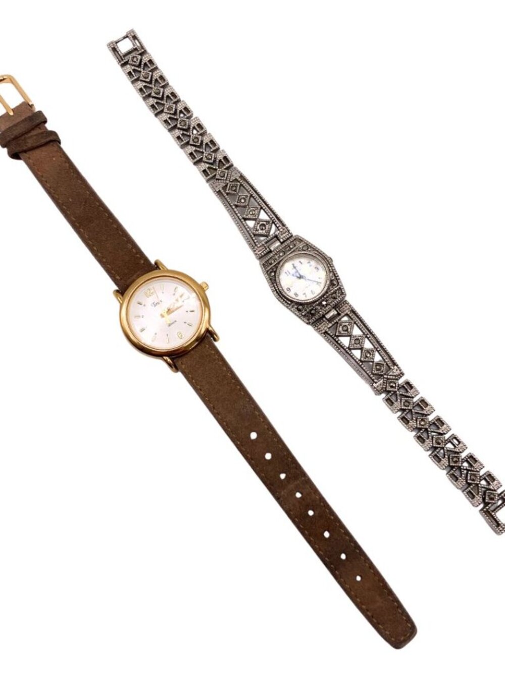 Set of 2 Vintage Women's Wrist Watches Geneva Cocktail & Timex Leather UNTESTED